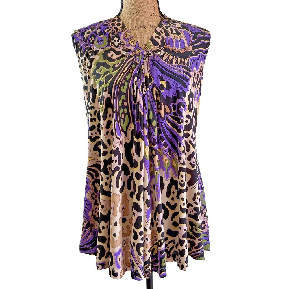 Just Cavalli Women's Purple Beige Printed Knit Sleeveless Flowy Top Sz 8 Italy